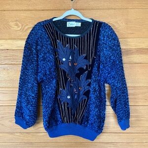 Vintage 80s Carducci blue velvet panel floral embroidered rhinestone sweater
